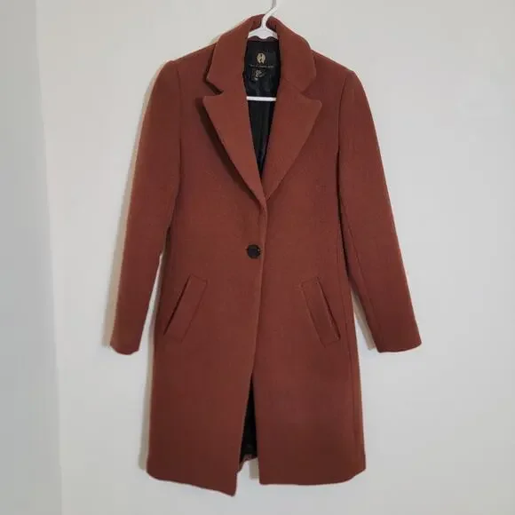 House Of Harlow 1960 Burnt Brown Wool Blend Long Peacoat XS Winter Travel Work - Picture 15 of 16